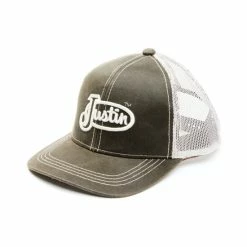 Brand new 🛒 Justin Men's Brown Oilskin Embroidered Logo Mesh-Back Ball Cap ✨