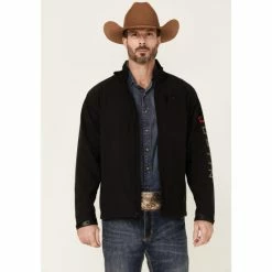 New ๐ Justin Men's Solid Black Stillwater Logo Sleeve Zip-Front Fleece Jacket โจ