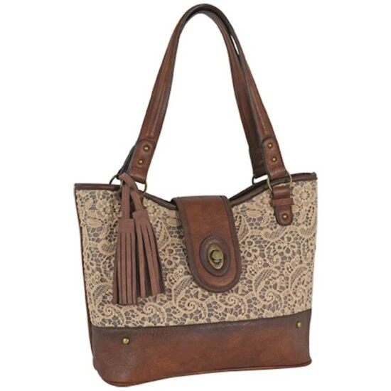 Budget 😉 Justin 👩 Women's Floral Lace & Burnished Leather Tote Bag Brown ⭐ 3 Budget 😉 Justin 👩 Women's Floral Lace & Burnished Leather Tote Bag Brown ⭐