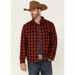 Deals 🎉 Justin Men's Red Buffalo Jackson Plaid Long Sleeve Snap 👕 Shirt Jacket 😍