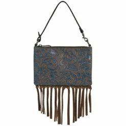 Hot Sale 🥰 Justin 👩 Women's Brown Mini Washed Tooled Turquoise Fringe Shoulder Bag Black 🤩