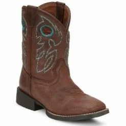 Deals 🛒 Justin Boys' Bowline Junior Western 🥾 Boots - Wide Square Toe Chocolate/turquoise 🌟