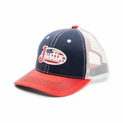Brand new ❤️ Justin Men's Navy Red & White Embroidered Flag Logo Mesh-Back Ball Cap 🥰